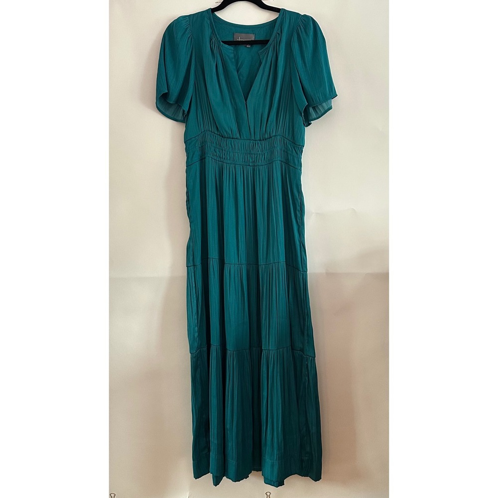 Anthropologie Somerset Teal Green Tiered Maxi Dress Smocked Waist Short Sleeve M
